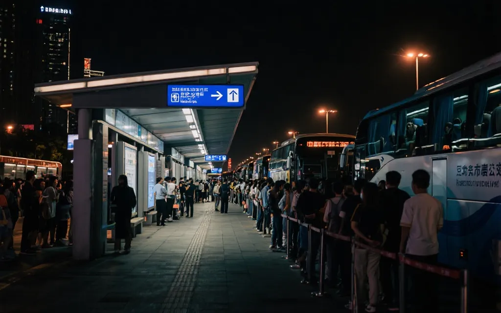 球迷在地铁站台与接驳指引牌前有序排队,步行街灯光氛围